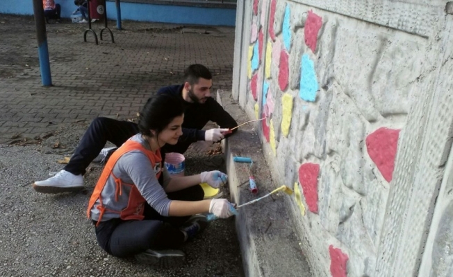 Düzce Üniversitesi öğrencileri okulların duvarlarını renklendiriyor